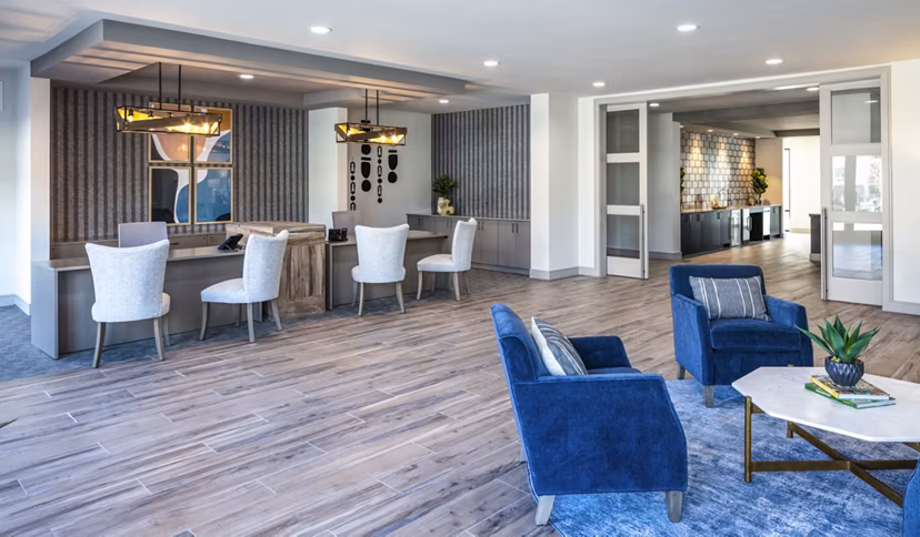 Clubhouse and leasing office with modern design at Prose Hardy Yards Apartments, offering luxury living in a vibrant community