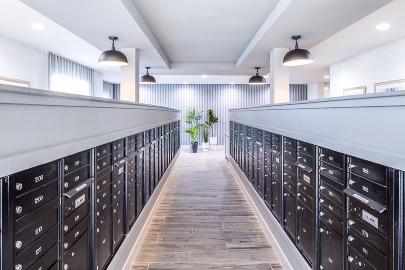 Modern mailroom in the clubhouse at Prose Hardy Yards Apartments