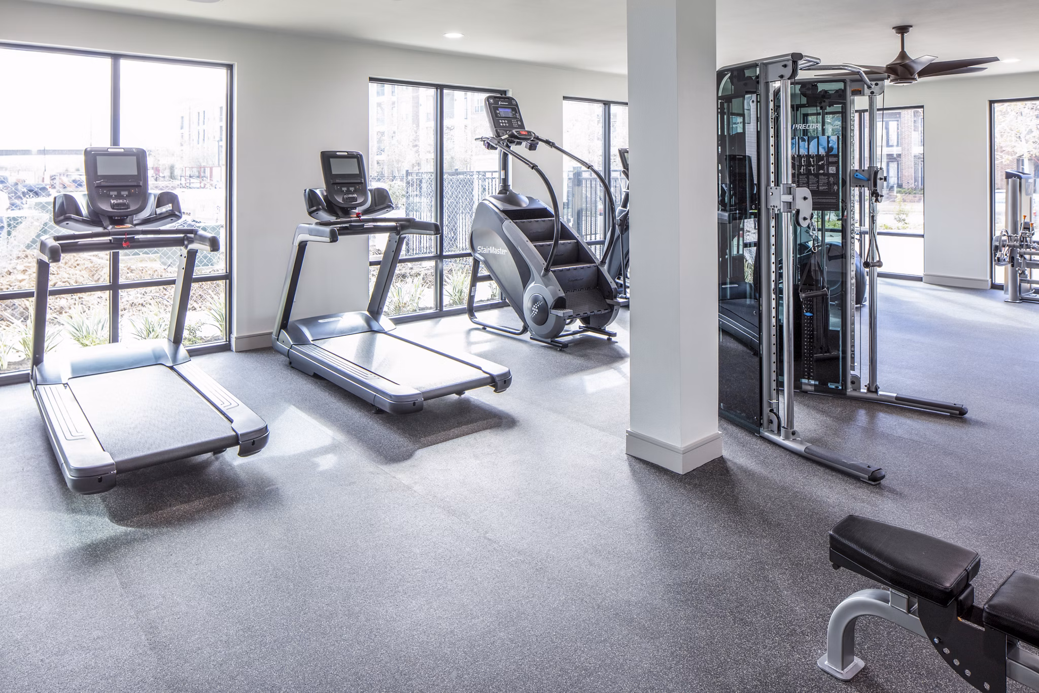 Modern fitness center with state-of-the-art equipment at Prose Hardy Yards Apartments