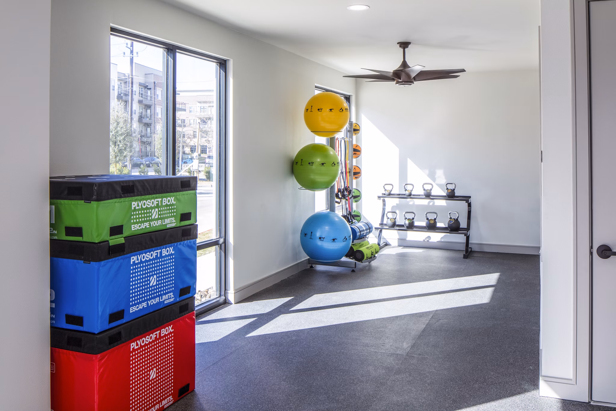 State-of-the-art fitness center at Prose Hardy Yards Apartments featuring modern exercise equipment