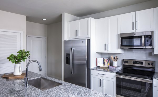 Modern kitchen with sleek countertops and stainless steel appliances at Prose Hardy Yards Apartments