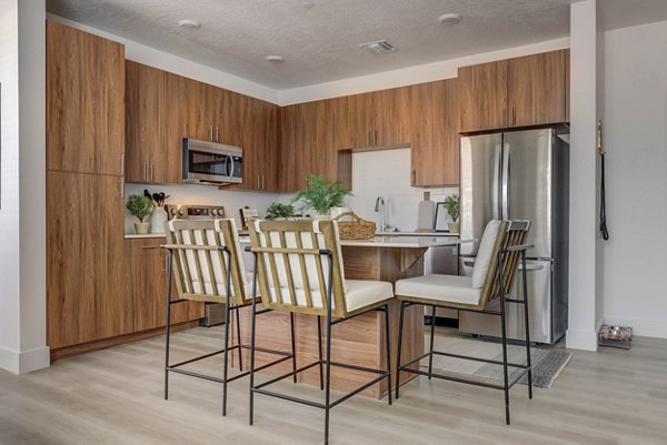 Kitchens equipped with modern appliances and granite countertops in Aspire Apartments