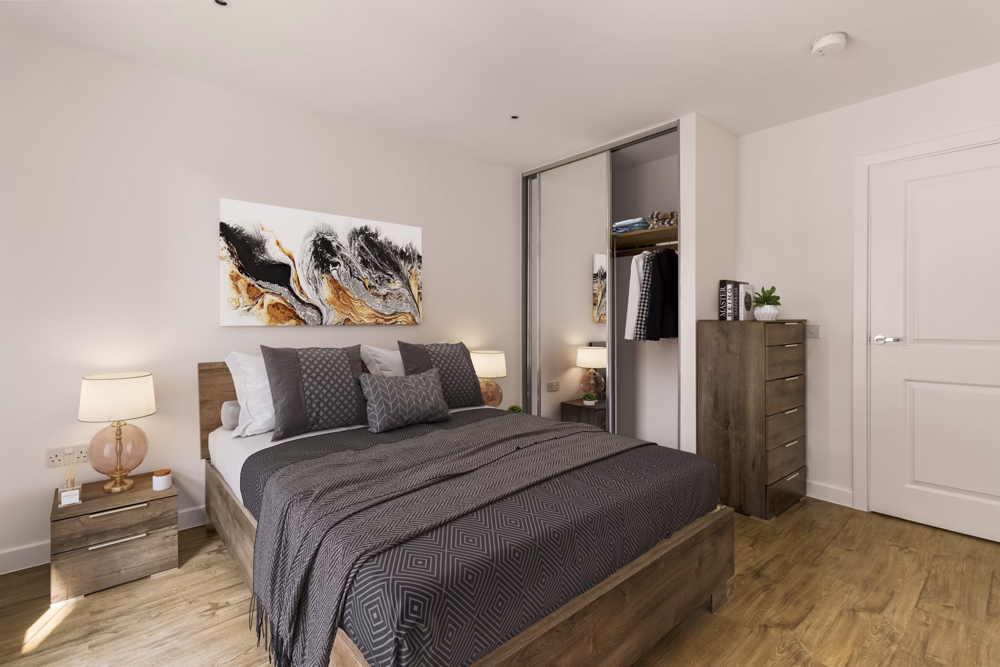 Spacious bedroom featuring a comfortable bed with neutral bedding, elegant artwork, and natural lighting.