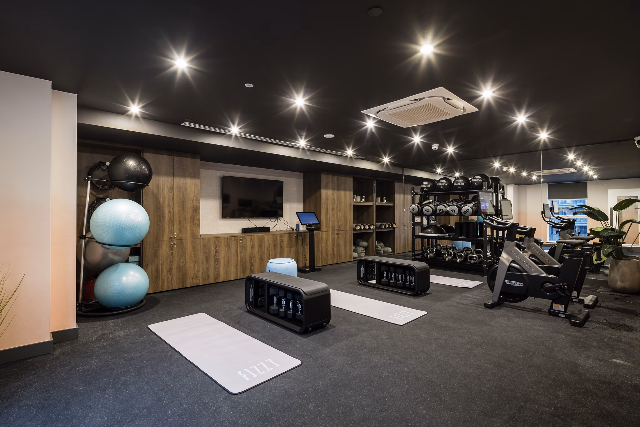 Well-equipped fitness room with gym equipment, free weights, and exercise mats in a sleek and modern design.
