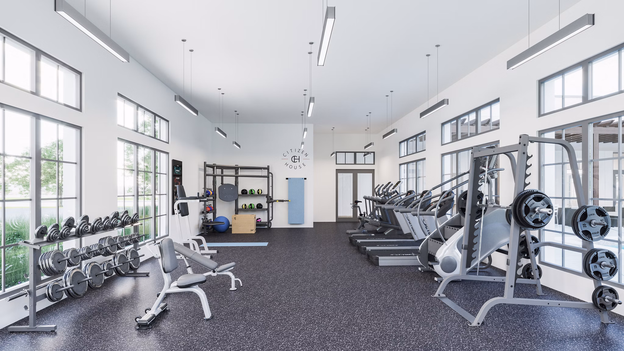 Modern fitness center with state-of-the-art equipment at Citizen House Kyle Apartments, ideal for residents seeking an active lifestyle