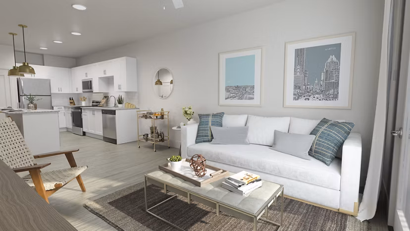 Open-concept living room with modern dÃ©cor at Citizen House Kyle apartments, offering a luxurious lifestyle
