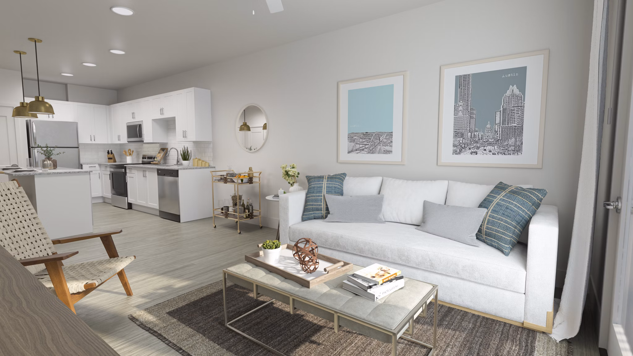 Open-concept living room with modern dÃ©cor at Citizen House Kyle apartments, offering a luxurious lifestyle
