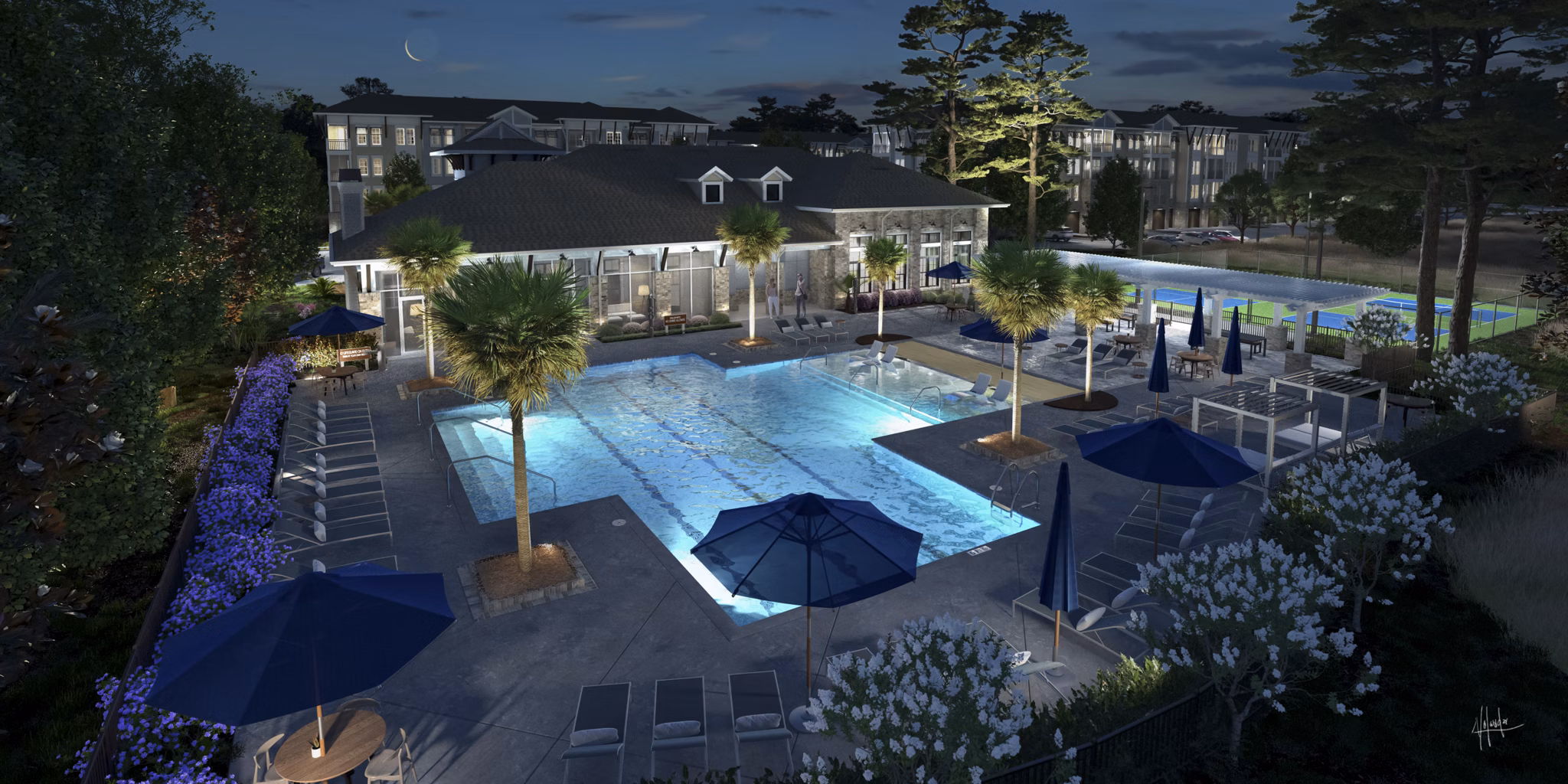 Resort-style pool with lounge seating at Aquatera Apartments