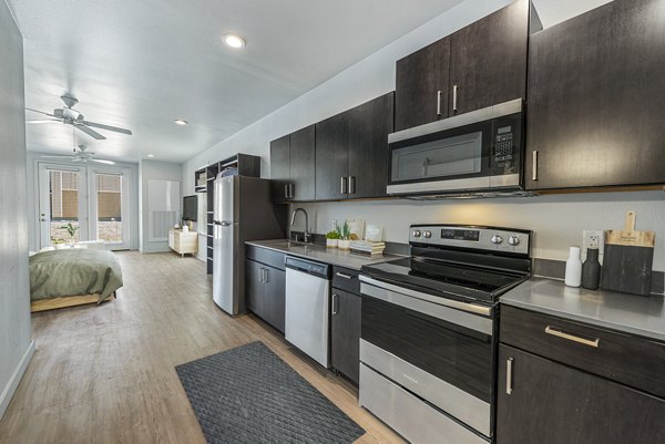 Modern kitchen with stainless steel appliances and marble countertops at FLATZ 432 Apartments
