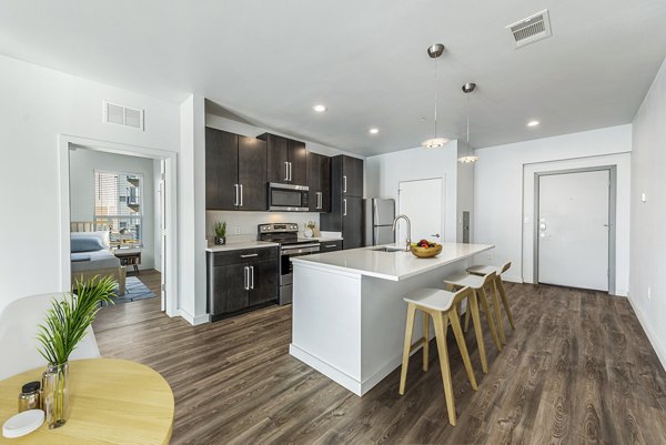 Modern kitchen with stainless steel appliances and granite countertops at FLATZ 432 Apartments