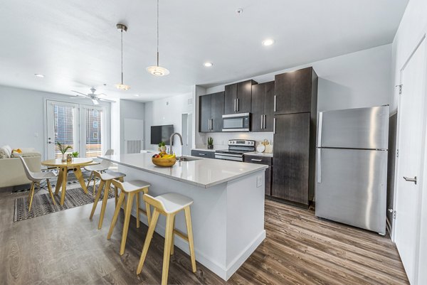 Modern kitchen with stainless steel appliances and sleek countertops at FLATZ 432 Apartments