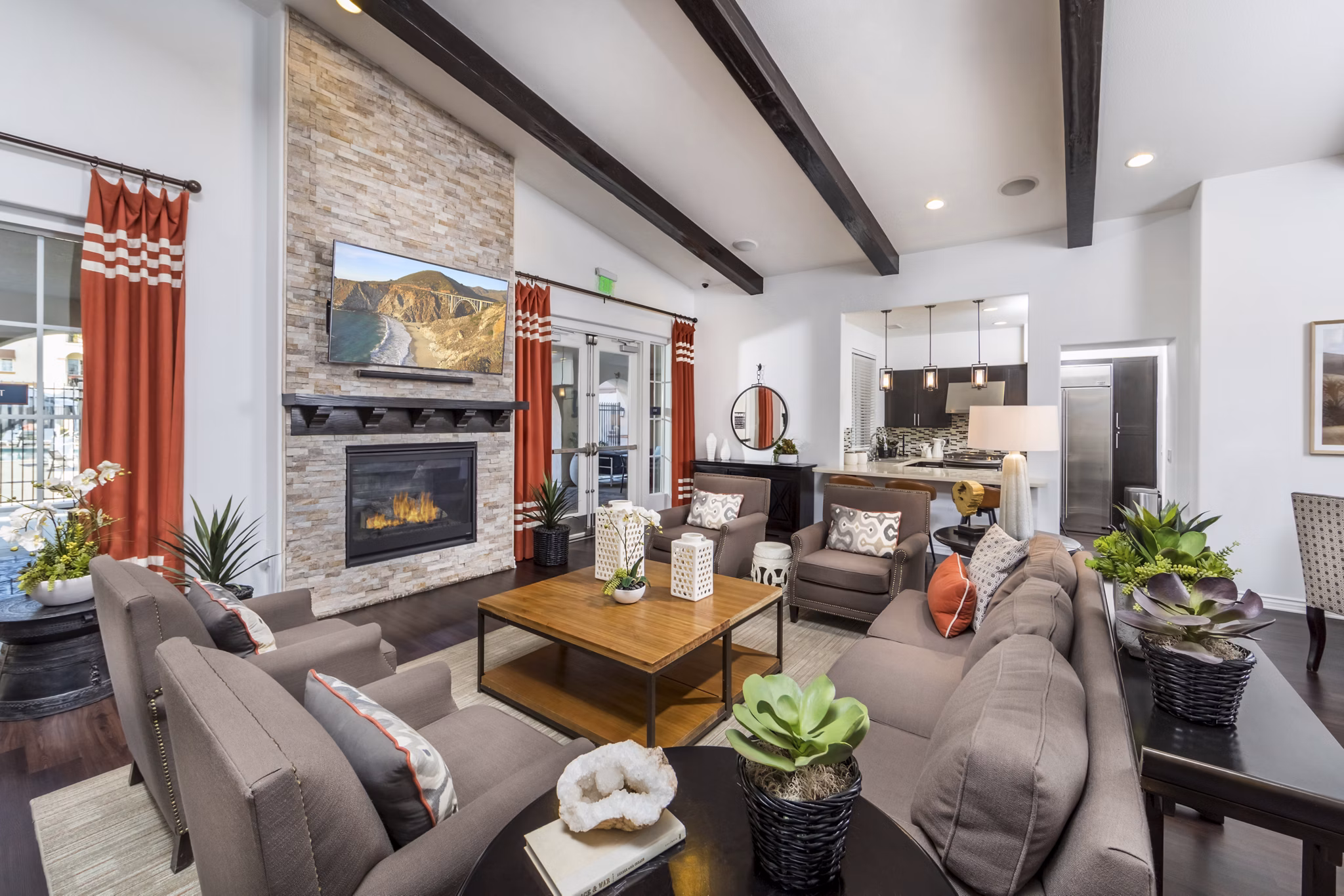 Clubhouse featuring modern amenities at Viano at Riverwalk Apartments