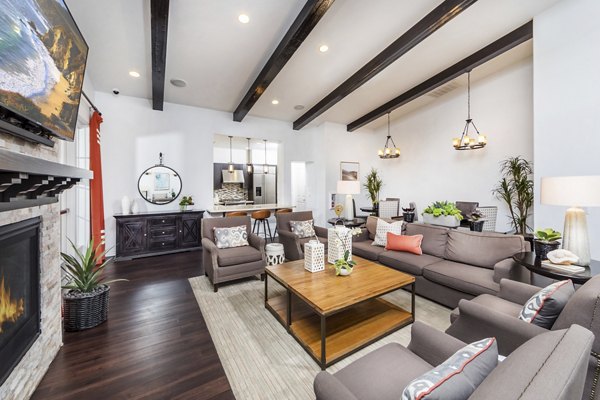 Viano at Riverwalk Apartments: Elegant clubhouse featuring modern design and seating areas