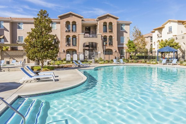 Resort-style pool at Viano at Riverwalk Apartments offering luxury relaxation amenities