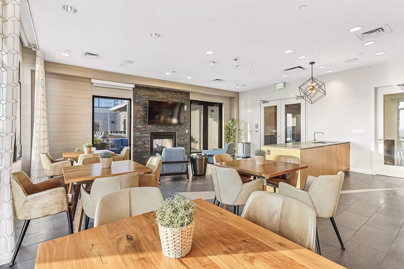 Clubhouse featuring modern design elements and social spaces at Vela on The Park Apartments
