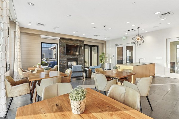 Clubhouse featuring modern design elements and social spaces at Vela on The Park Apartments