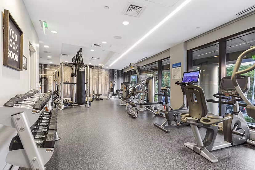 Modern fitness center with state-of-the-art equipment at Vela on The Park Apartments