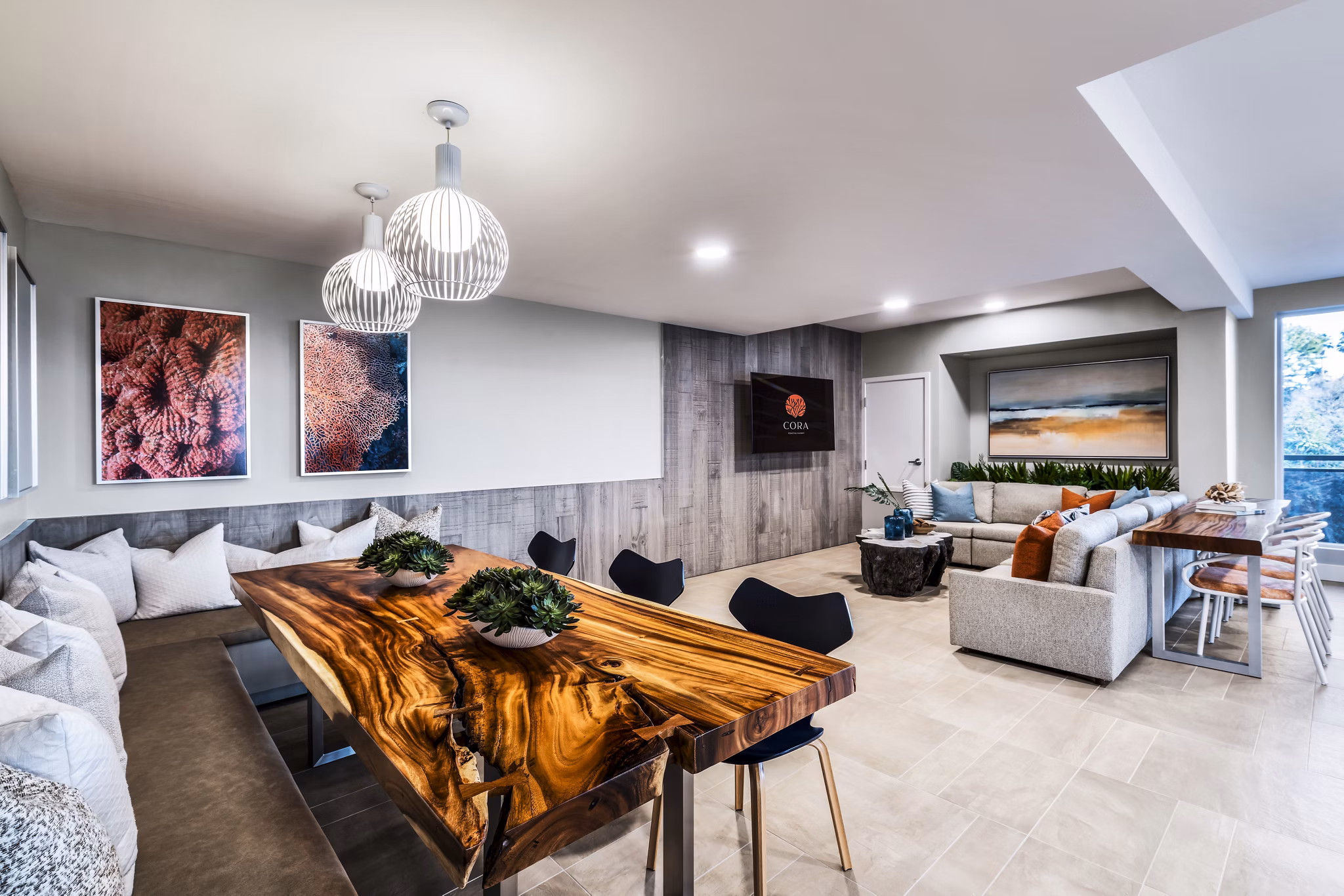 Clubhouse featuring modern amenities at Cora Apartments, a luxury Greystar property