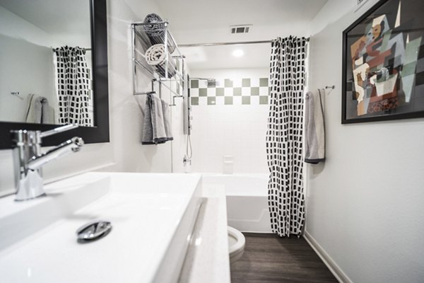 Luxurious bathroom with modern fixtures and elegant tile design at Muse at SoCo Apartments