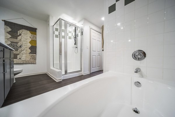 Modern bathroom with sleek fixtures at Muse at SoCo Apartments