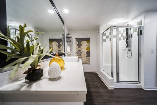 Luxurious bathroom featuring modern fixtures and sleek design at Muse at SoCo Apartments