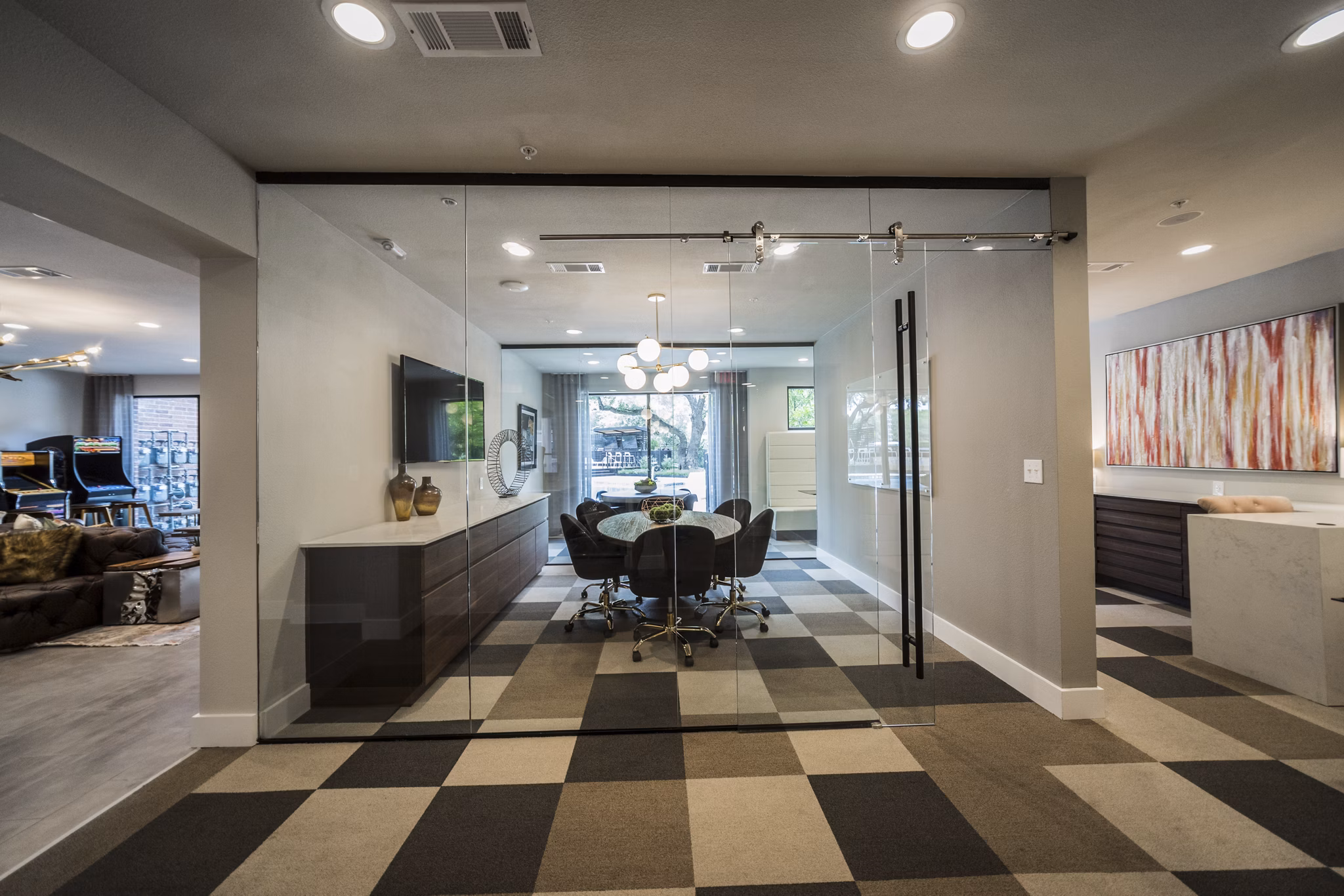 Modern meeting facility with sleek design at Muse at SoCo Apartments, perfect for business gatherings and events