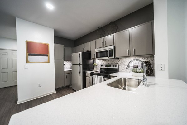 Modern kitchen with sleek appliances and quartz countertops in Muse at SoCo Apartments