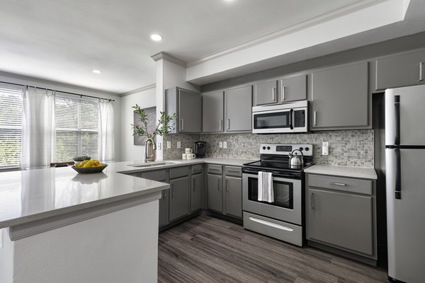 Kitchens with granite countertops and modern appliances at Muse at SoCo Apartments, luxury living by Greystar
