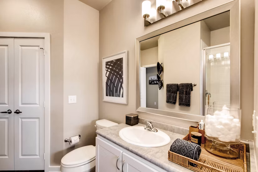 Modern bathroom with sleek fixtures at Hays Park Apartments