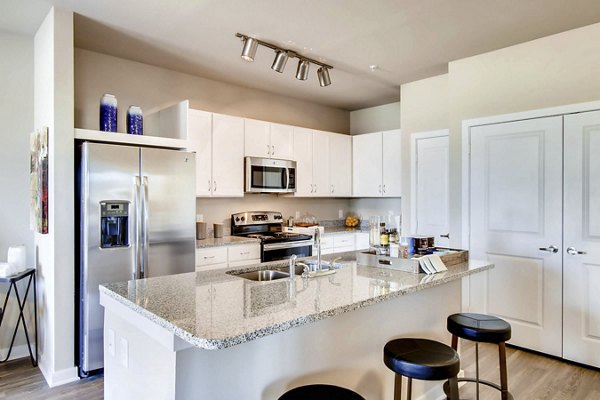Modern kitchen with stainless steel appliances and granite countertops in Hays Park Apartments
