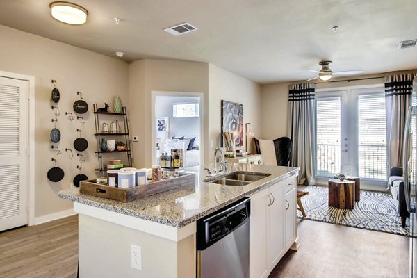 Modern kitchen with stainless steel appliances in Hays Park Apartments, luxury living by Greystar