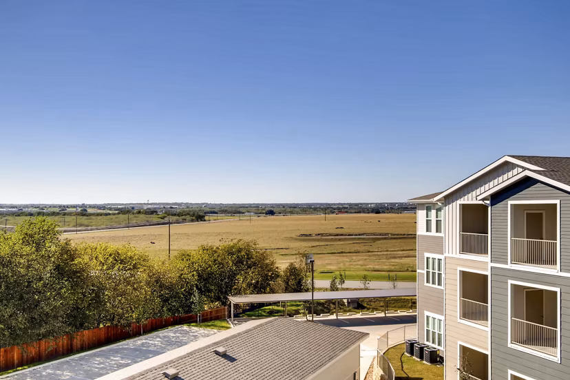 Hays Park Apartments: Panoramic view of modern luxury high-rise apartments in Greystar community