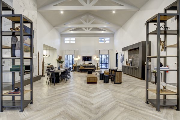 Stylish clubhouse with modern decor at Leander Park Apartments, ideal for social gatherings and relaxation
