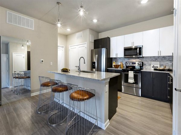 Modern kitchen with granite countertops and stainless steel appliances in Wells Park Apartments