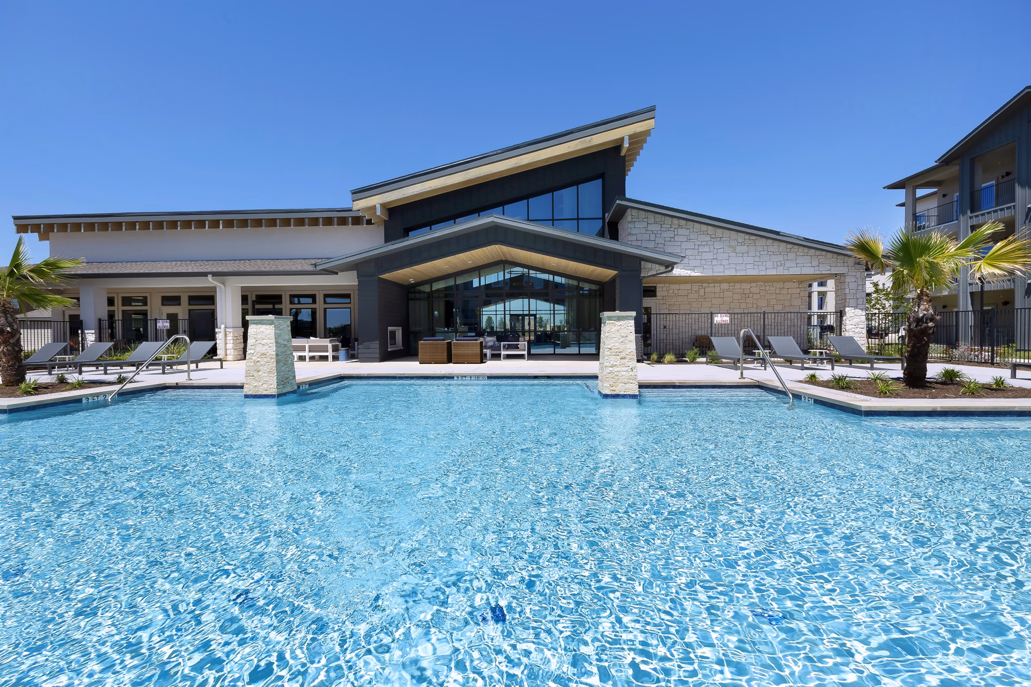 Outdoor swimming pool surrounded by palm trees at luxury apartments in a modern setting
