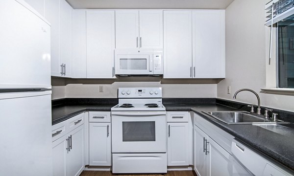 Modern kitchen with stainless steel appliances at Wood Creek Apartments