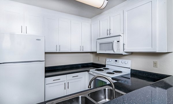 Contemporary kitchen with stainless steel appliances in Wood Creek Apartments
