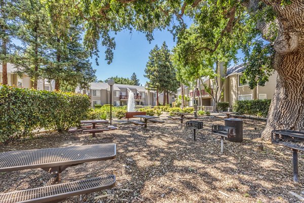 Outdoor grill area with seating at Wood Creek Apartments, Greystar community Perfect for gatherings and enjoying luxury outdoor cooking experiences