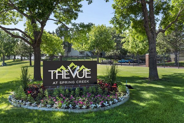 Vue at Spring Creek Apartments: Modern signage indicating entrance at luxury apartment community