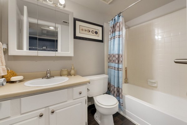Modern bathroom with sleek fixtures at Vue at Spring Creek Apartments, luxury rental by Greystar