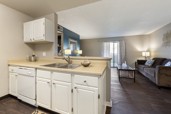 Modern kitchen with stainless steel appliances at Vue at Spring Creek Apartments