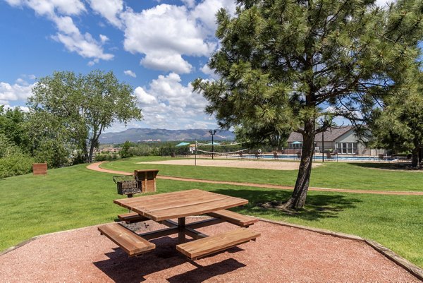Vue at Spring Creek: Modern grill area with shaded seating for resident gatherings