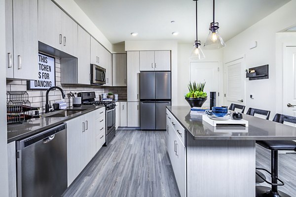 Modern kitchen with stainless steel appliances at The Residences at Cota Vera Apartments