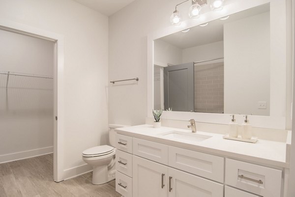 Luxurious bathroom with sleek fixtures at The Heron at River Island Apartments