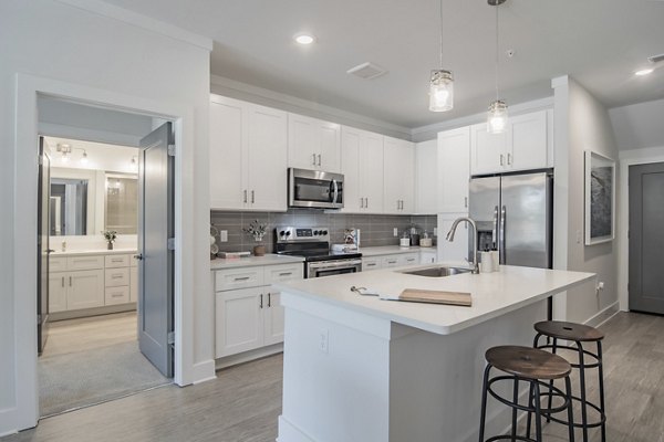 Modern kitchen with stainless steel appliances and island at The Heron at River Island Apartments