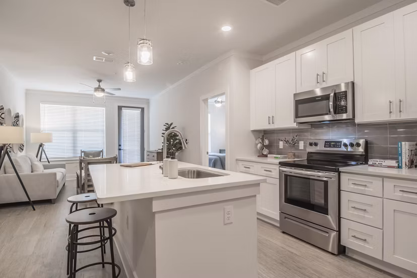 Modern kitchen with stainless steel appliances in The Heron at River Island apartments
