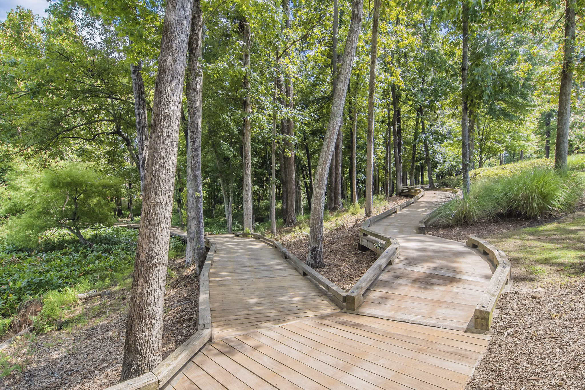Courtyard view with lush landscaping at The Heron at River Island Apartments