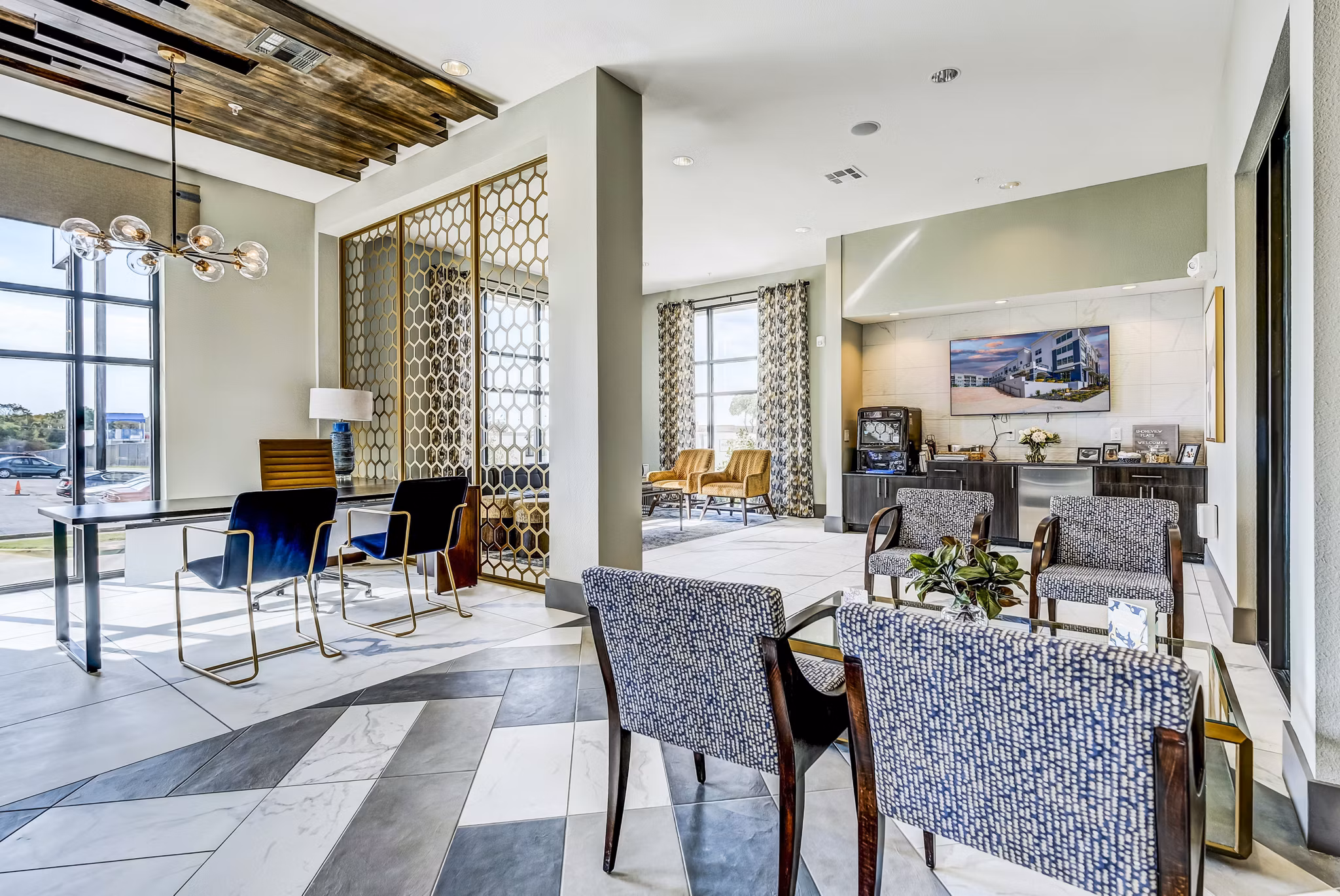 Spacious clubhouse lobby with modern decor at Shoreview Flats Apartments