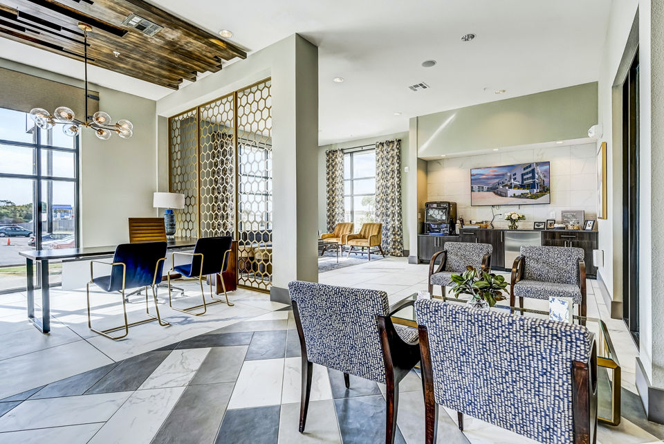 Spacious clubhouse lobby with modern decor at Shoreview Flats Apartments