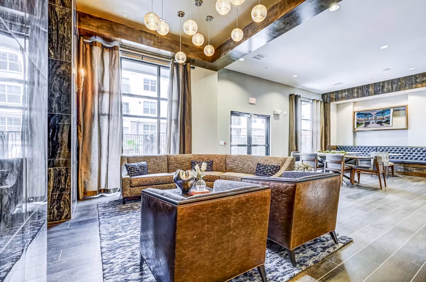 Spacious clubhouse lobby with modern design at Shoreview Flats Apartments, perfect for social gatherings and community events